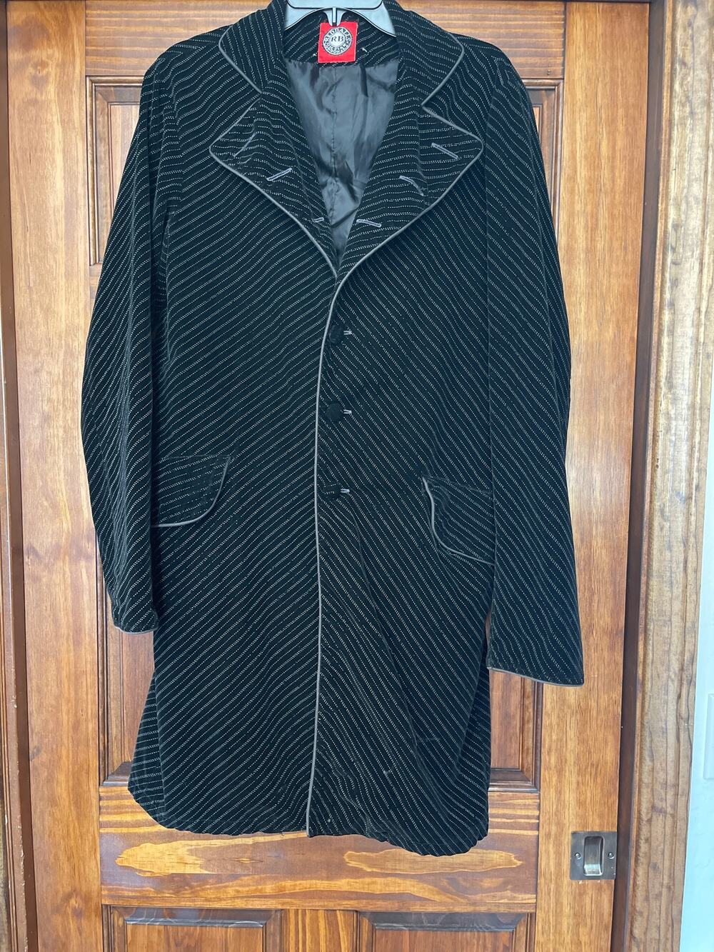 Vtg 90s Red Balls On Fire Black Velvet Diagonal Stripe Willy Wonka Duster Coat M